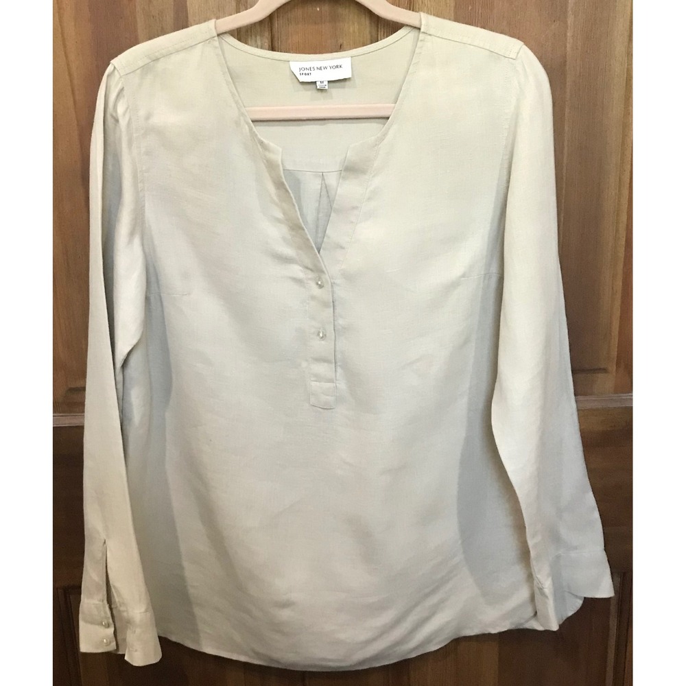 Jones New York Sport Womens Beige 100% Linen Long Sleeve Split V-Neck Blouse M